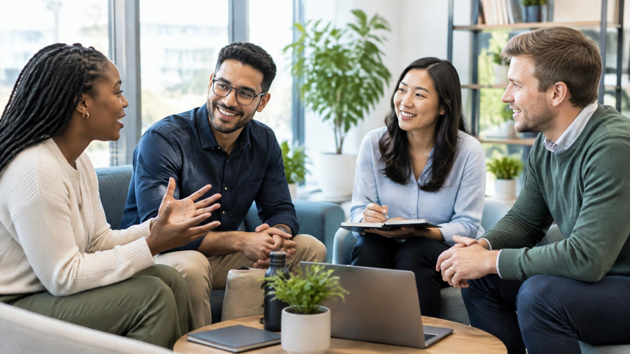 Colleagues having an open discussion in a bright office